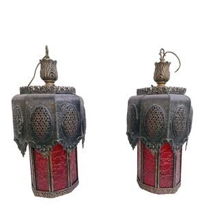 Pair Vintage 23” Red Glass Hanging Lantern Lamps – Spanish Revival Gothic